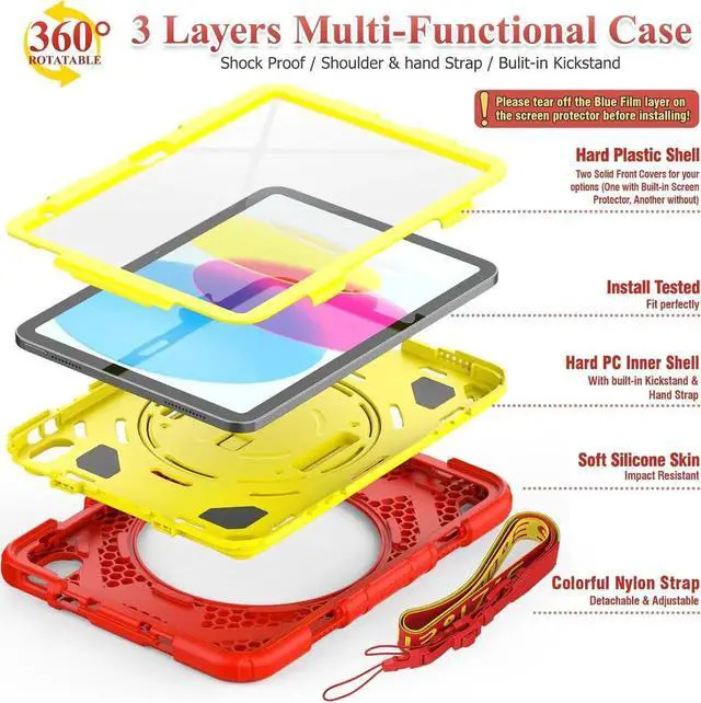 Alt view image 6 of 7 - Pad 10th Generation Case 10.9'', Full-Body Drop Protection Case with Meshdesign Screen Protector Pen Holder [360° Rotate Hand Strap/Stand] for Pad 10th Generation 10.9 inch(Red+Yellow)