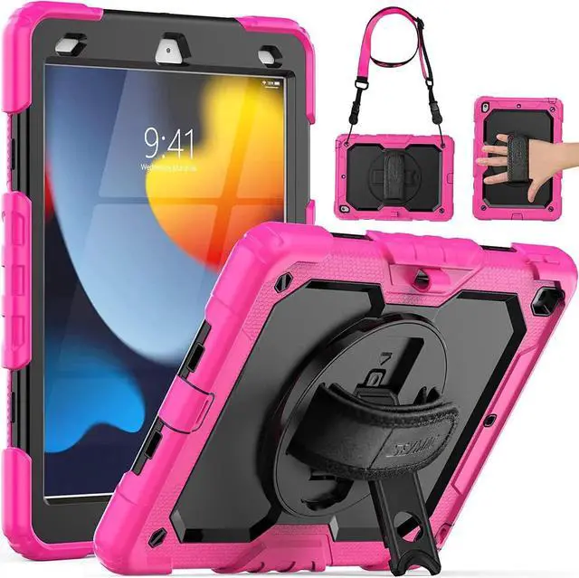Alt view image 7 of 7 - iPad 9th/ 8th/ 7th Generation Case 10.2" 2021/2020/2019, Full-Body Shockproof Heavy Duty Protective Case with Screen Protector, Rotating Stand/Handle/Shoulder Strap for iPad 10.2, Pink