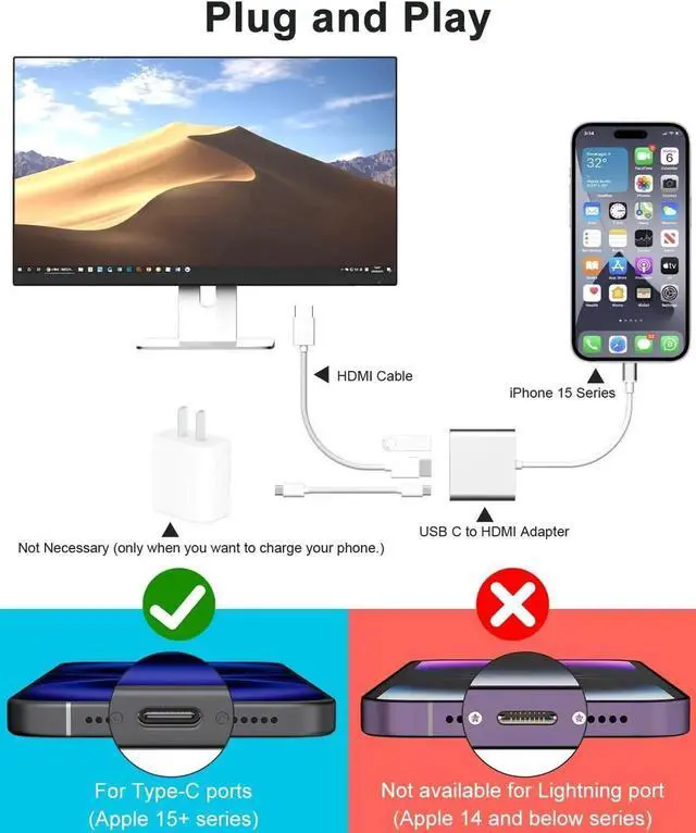Alt view image 6 of 7 - iPhone to HDMI Adapter for TV USB C to HDMI Converter for iPhone 15/16 Type C Digital AV HDMI Adapter with Fast PD Charging Compatible with iPhone15/16 MacBook Ipad Not Applicable to Lightning