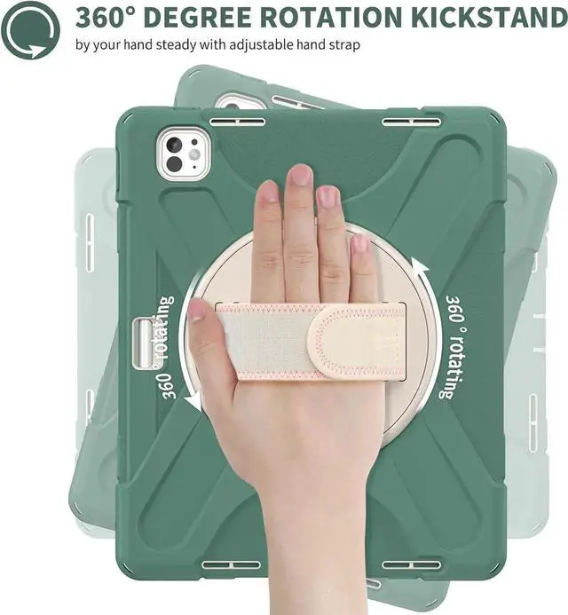 Alt view image 3 of 7 - Case for iPad Pro 13-inch (2024) M4 Chip Model A2925 Heavy Duty Rugged Durability Silicone Tablet Cover with 360° Rotating Hand Strap Foldable Hidden Stand & Shoulder Strap, Sea Green
