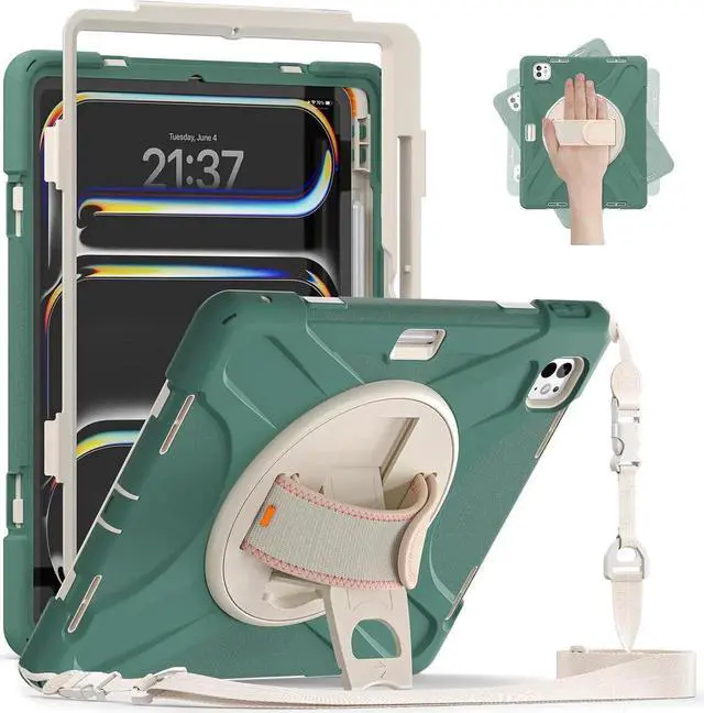 Main image of Case for iPad Pro 13-inch (2024) M4 Chip Model A2925 Heavy Duty Rugged Durability Silicone Tablet Cover with 360° Rotating Hand Strap Foldable Hidden Stand & Shoulder Strap, Sea Green
