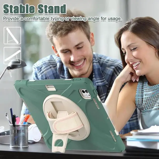 Alt view image 2 of 7 - Case for iPad Pro 13-inch (2024) M4 Chip Model A2925 Heavy Duty Rugged Durability Silicone Tablet Cover with 360° Rotating Hand Strap Foldable Hidden Stand & Shoulder Strap, Sea Green