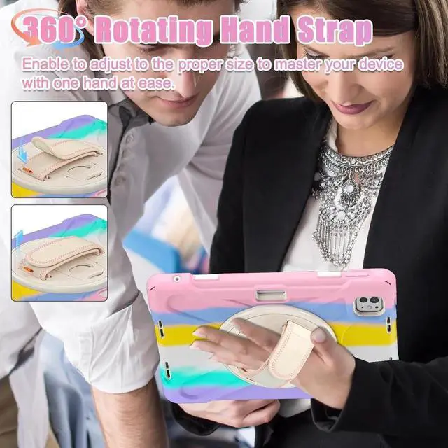 Alt view image 6 of 7 - Case for iPad Pro 11-inch (2024) M4 Chip Model A2836 Heavy Duty Rugged Durability Silicone Tablet Cover with 360° Rotating Hand Strap Foldable Hidden Stand & Shoulder Strap, Colorful Pink