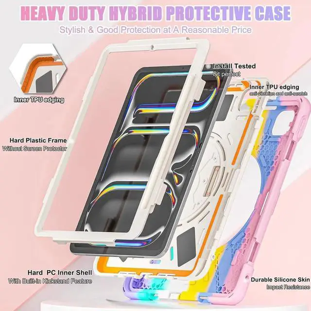 Alt view image 5 of 7 - Case for iPad Pro 11-inch (2024) M4 Chip Model A2836 Heavy Duty Rugged Durability Silicone Tablet Cover with 360° Rotating Hand Strap Foldable Hidden Stand & Shoulder Strap, Colorful Pink