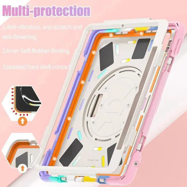 Alt view image 3 of 7 - Case for iPad Pro 11-inch (2024) M4 Chip Model A2836 Heavy Duty Rugged Durability Silicone Tablet Cover with 360° Rotating Hand Strap Foldable Hidden Stand & Shoulder Strap, Colorful Pink