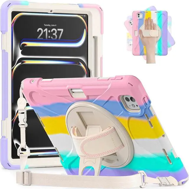 Alt view image 4 of 7 - Case for iPad Pro 11-inch (2024) M4 Chip Model A2836 Heavy Duty Rugged Durability Silicone Tablet Cover with 360° Rotating Hand Strap Foldable Hidden Stand & Shoulder Strap, Colorful Pink