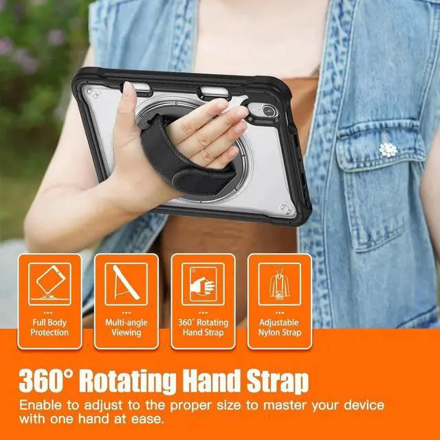 Alt view image 5 of 7 - JAENFONG Case for iPad Mini 6 8.3 Inch 2021 with Pencil Holder Heavy Duty Rugged Shockproof Tablet Cover with 360° Rotating Hand Strap Foldable Hidden Stand & Shoulder Strap, Black