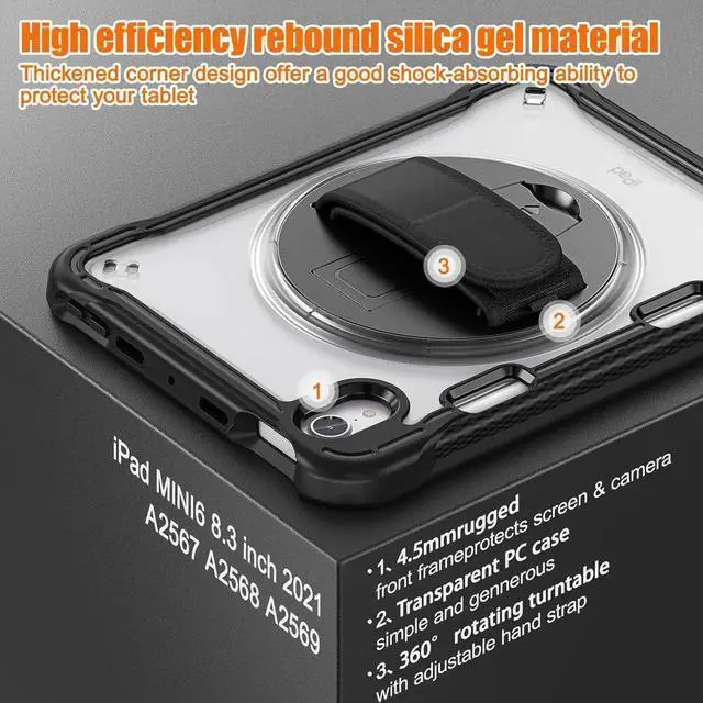 Alt view image 4 of 7 - JAENFONG Case for iPad Mini 6 8.3 Inch 2021 with Pencil Holder Heavy Duty Rugged Shockproof Tablet Cover with 360° Rotating Hand Strap Foldable Hidden Stand & Shoulder Strap, Black