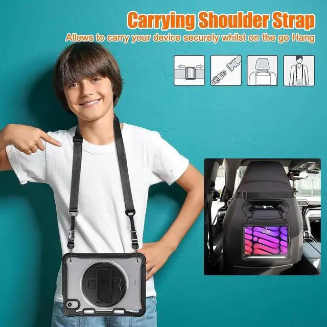 Alt view image 7 of 7 - JAENFONG Case for iPad Mini 6 8.3 Inch 2021 with Pencil Holder Heavy Duty Rugged Shockproof Tablet Cover with 360° Rotating Hand Strap Foldable Hidden Stand & Shoulder Strap, Black