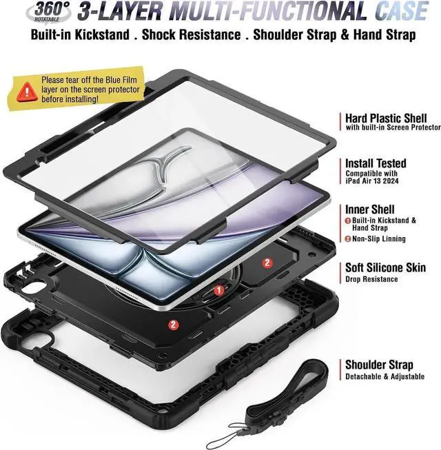 Alt view image 3 of 7 - Case for iPad Air 11 Inch M2 with Screen Protector | iPad Air 6th Generation 11 Inch Case 2024 | Shockproof Rugged Drop Protection Cover W/Pen Holder Kickstand Hand Grip Shoulder Strap | Blue