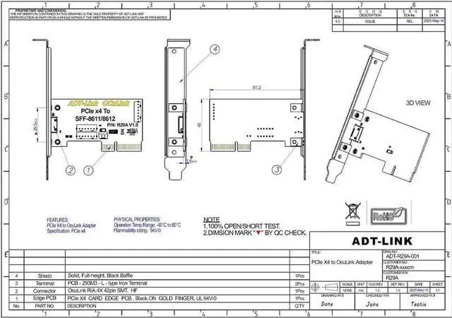 Alt view image 2 of 7 - JAENFONG ADT-R29A PCIe4.0 x4 to SFF-8611/8612 OCuLink Adapter Card 64Gbps with Half and Full Height Baffle Support Chassis External