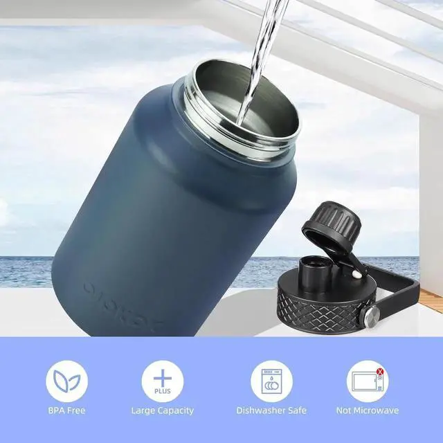 Alt view image 3 of 6 - Insulated Water Bottles with Straw Lid 50oz Large Water Jug Stainless Steel Vacuum Bottles Hot & Cold Thermos with 3 Lids and Paracord Handle Army Green