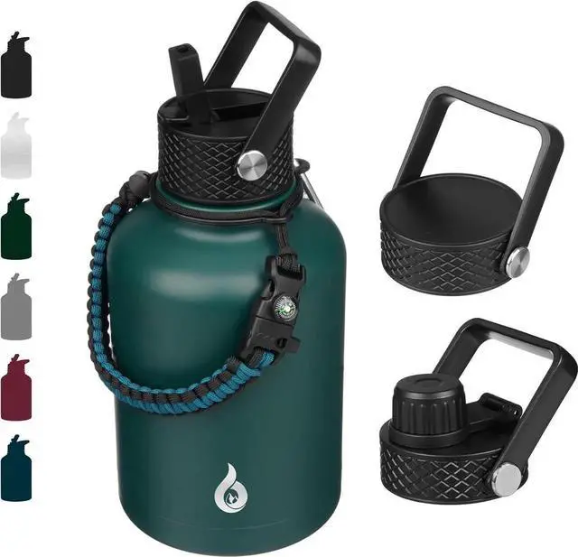 Main image of Insulated Water Bottles with Straw Lid 50oz Large Water Jug Stainless Steel Vacuum Bottles Hot & Cold Thermos with 3 Lids and Paracord Handle Army Green