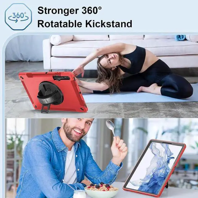 Alt view image 5 of 6 - JAENFONG Case for Galaxy Tab S7 FE/S8 Plus/S7 Plus, Rugged Shockproof Case for Samsung Galaxy Tab S7 FE/S8 Plus/S7 Plus 12.4 Inch with Hand/Shoulder Strap-S Pen Holder-Rotating Kickstand, Red