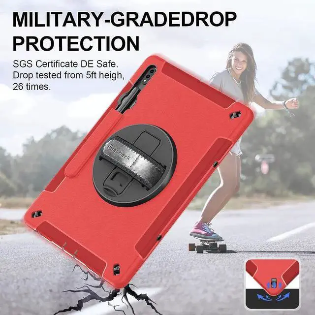 Alt view image 3 of 6 - JAENFONG Case for Galaxy Tab S7 FE/S8 Plus/S7 Plus, Rugged Shockproof Case for Samsung Galaxy Tab S7 FE/S8 Plus/S7 Plus 12.4 Inch with Hand/Shoulder Strap-S Pen Holder-Rotating Kickstand, Red