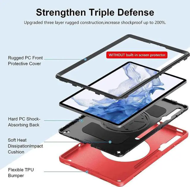 Alt view image 4 of 6 - JAENFONG Case for Galaxy Tab S7 FE/S8 Plus/S7 Plus, Rugged Shockproof Case for Samsung Galaxy Tab S7 FE/S8 Plus/S7 Plus 12.4 Inch with Hand/Shoulder Strap-S Pen Holder-Rotating Kickstand, Red