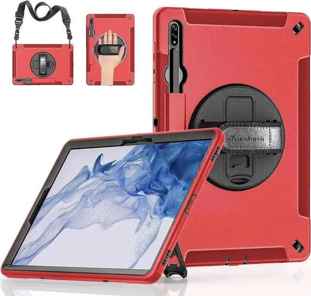 Main image of JAENFONG Case for Galaxy Tab S7 FE/S8 Plus/S7 Plus, Rugged Shockproof Case for Samsung Galaxy Tab S7 FE/S8 Plus/S7 Plus 12.4 Inch with Hand/Shoulder Strap-S Pen Holder-Rotating Kickstand, Red