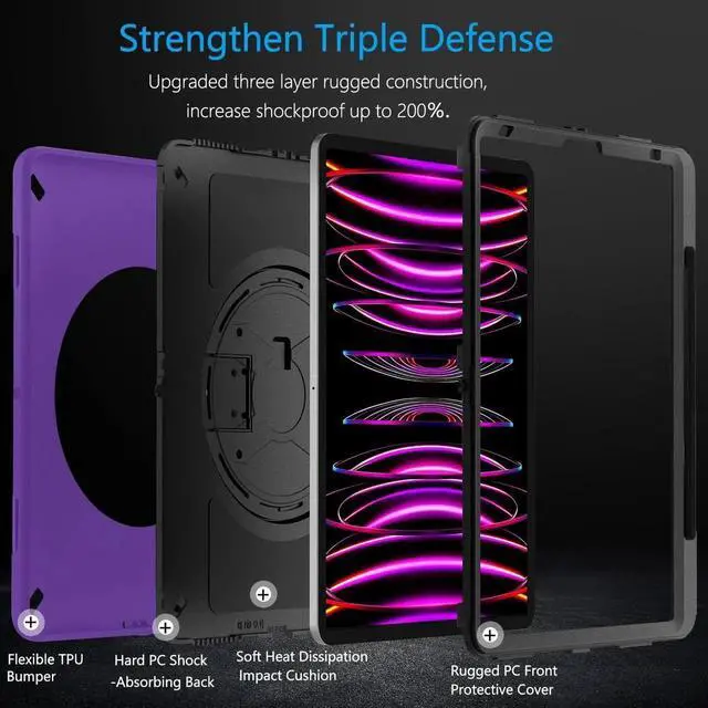 Alt view image 5 of 7 - JAENFONG Case for iPad Pro 12.9 2022/2021: Military Grade Heavy Duty Shockproof Cover for iPad Pro 12.9 Inch 6th/5th Generation- Pencil Holder - Rotating Stand - Hand/Shoulder Strap - Rose