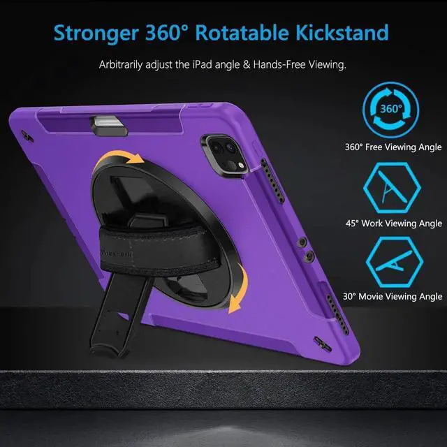 Alt view image 4 of 7 - JAENFONG Case for iPad Pro 12.9 2022/2021: Military Grade Heavy Duty Shockproof Cover for iPad Pro 12.9 Inch 6th/5th Generation- Pencil Holder - Rotating Stand - Hand/Shoulder Strap - Rose