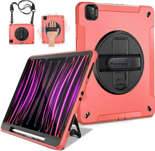 Alt view image 2 of 7 - JAENFONG Case for iPad Pro 12.9 2022/2021: Military Grade Heavy Duty Shockproof Cover for iPad Pro 12.9 Inch 6th/5th Generation- Pencil Holder - Rotating Stand - Hand/Shoulder Strap - Rose