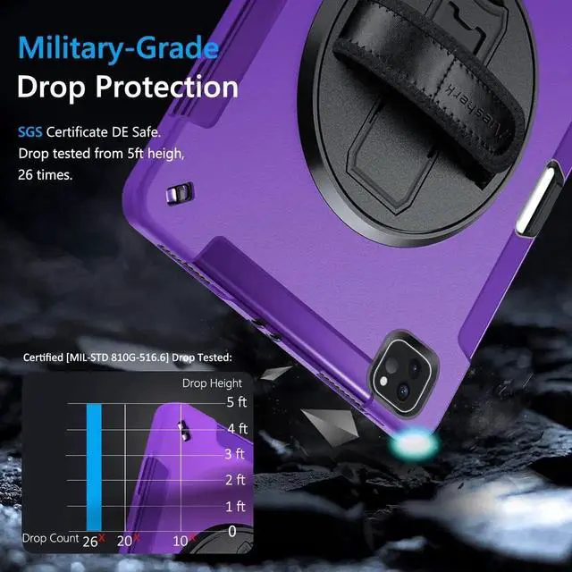 Alt view image 3 of 7 - JAENFONG Case for iPad Pro 12.9 2022/2021: Military Grade Heavy Duty Shockproof Cover for iPad Pro 12.9 Inch 6th/5th Generation- Pencil Holder - Rotating Stand - Hand/Shoulder Strap - Rose