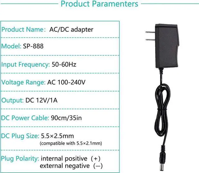 Alt view image 4 of 4 - JAENFONG 12V 1A Power Adapter AC 100-240V to DC 12V 1A AC Adapter Power Supply 12W 12V 1A Adapter DC Connector Jack 5.5mmx2.1mm for LED Strip Lights, Audio/Video, Wireless Router