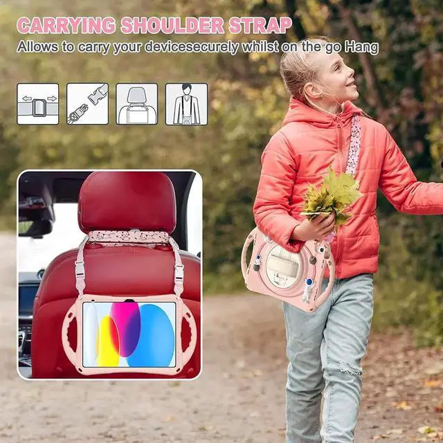 Alt view image 4 of 6 - JAENFONG iPad 10th Generation 10.9'' Kids Case, iPad 10th Gen 10.9 Rugged Shockproof Protective Rubber Case with Kickstand/Hand Strap/Shoulder Strap Handle Grip & Pencil Holder, Sakura Pink