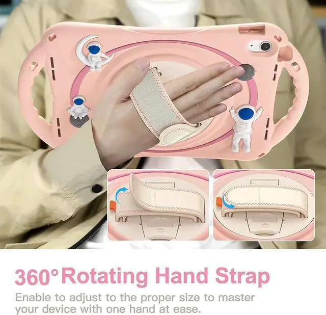 Alt view image 2 of 6 - JAENFONG iPad 10th Generation 10.9'' Kids Case, iPad 10th Gen 10.9 Rugged Shockproof Protective Rubber Case with Kickstand/Hand Strap/Shoulder Strap Handle Grip & Pencil Holder, Sakura Pink