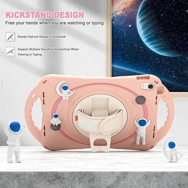 Alt view image 6 of 6 - JAENFONG iPad 10th Generation 10.9'' Kids Case, iPad 10th Gen 10.9 Rugged Shockproof Protective Rubber Case with Kickstand/Hand Strap/Shoulder Strap Handle Grip & Pencil Holder, Sakura Pink