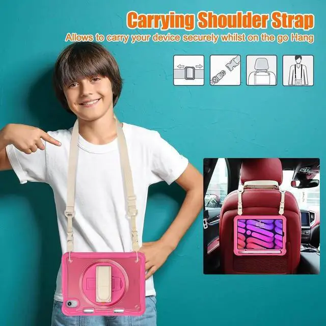 Alt view image 5 of 7 - JAENFONG Case for iPad Mini 6 8.3 Inch 2021 with Pencil Holder Heavy Duty Rugged Shockproof Tablet Cover with 360° Rotating Hand Strap Foldable Hidden Stand & Shoulder Strap, Pink