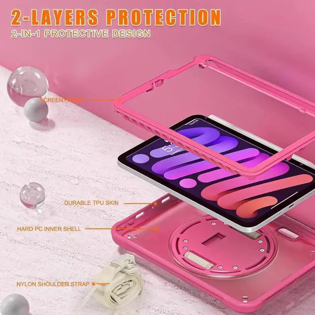 Alt view image 3 of 7 - JAENFONG Case for iPad Mini 6 8.3 Inch 2021 with Pencil Holder Heavy Duty Rugged Shockproof Tablet Cover with 360° Rotating Hand Strap Foldable Hidden Stand & Shoulder Strap, Pink