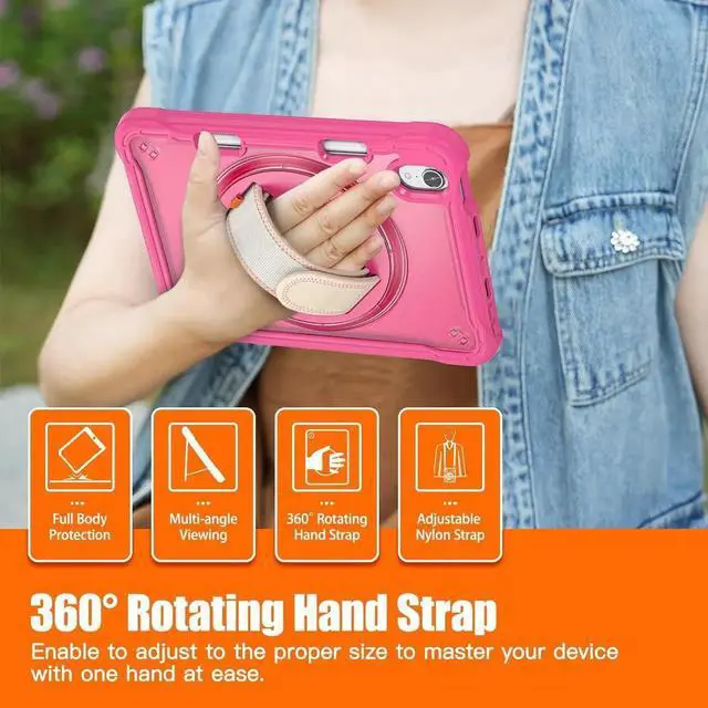 Alt view image 7 of 7 - JAENFONG Case for iPad Mini 6 8.3 Inch 2021 with Pencil Holder Heavy Duty Rugged Shockproof Tablet Cover with 360° Rotating Hand Strap Foldable Hidden Stand & Shoulder Strap, Pink