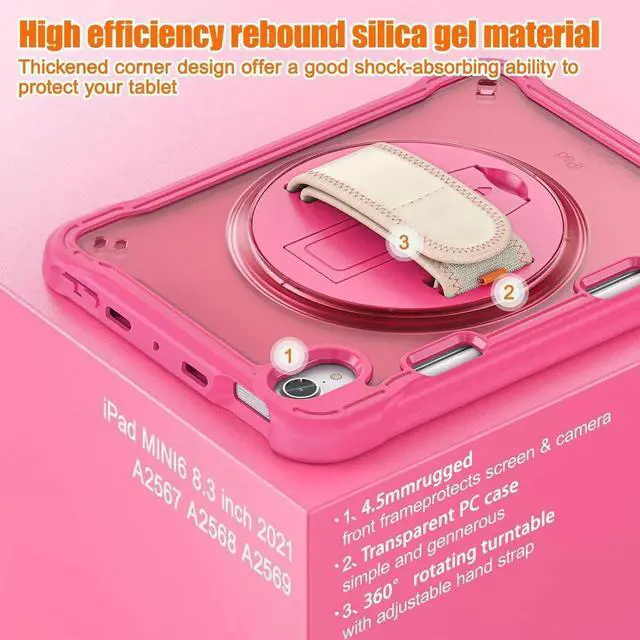 Alt view image 2 of 7 - JAENFONG Case for iPad Mini 6 8.3 Inch 2021 with Pencil Holder Heavy Duty Rugged Shockproof Tablet Cover with 360° Rotating Hand Strap Foldable Hidden Stand & Shoulder Strap, Pink