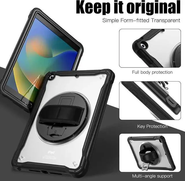 Alt view image 5 of 7 - JAENFONG Case for iPad 10.2 inch 9th / 8th / 7th Generation (2021/2020 / 2019) Heavy Duty Rugged Shockproof Tablet Cover with 360° Rotating Hand Strap Foldable Hidden Stand & Shoulder Strap, Black
