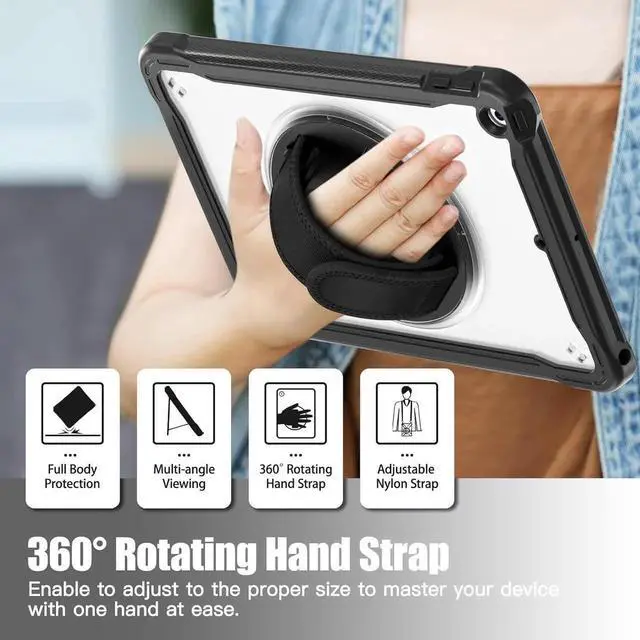 Alt view image 4 of 7 - JAENFONG Case for iPad 10.2 inch 9th / 8th / 7th Generation (2021/2020 / 2019) Heavy Duty Rugged Shockproof Tablet Cover with 360° Rotating Hand Strap Foldable Hidden Stand & Shoulder Strap, Black