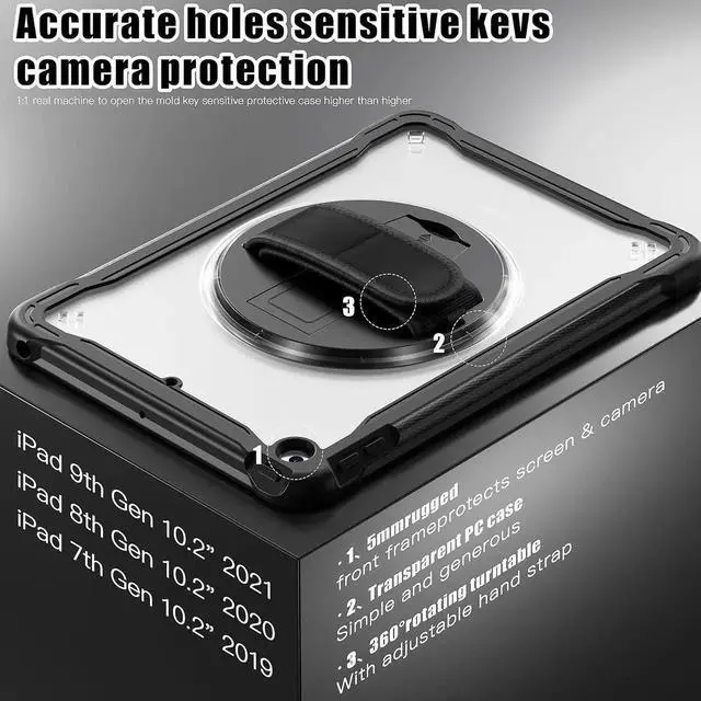 Alt view image 7 of 7 - JAENFONG Case for iPad 10.2 inch 9th / 8th / 7th Generation (2021/2020 / 2019) Heavy Duty Rugged Shockproof Tablet Cover with 360° Rotating Hand Strap Foldable Hidden Stand & Shoulder Strap, Black