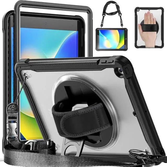 Main image of JAENFONG Case for iPad 10.2 inch 9th / 8th / 7th Generation (2021/2020 / 2019) Heavy Duty Rugged Shockproof Tablet Cover with 360° Rotating Hand Strap Foldable Hidden Stand & Shoulder Strap, Black