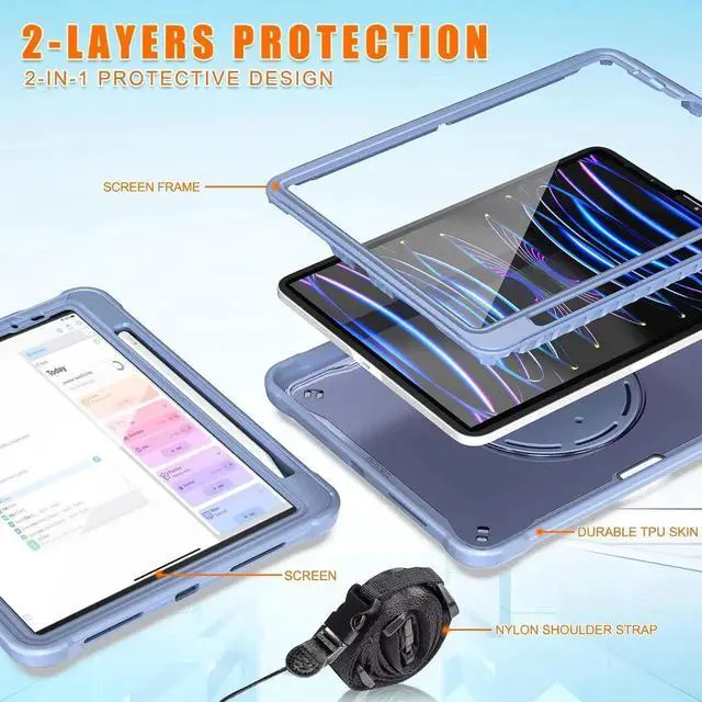 Alt view image 2 of 7 - JAENFONG Ultimate Case for iPad Pro 12.9-inch 2022 6th M2 /2021 (5rd Generation) / iPad Pro 12.9" 4th/3rd Gen Rugged Shockproof Tablet Cover with 360° Rotatable Kickstand & Shoulder Strap, Lavender