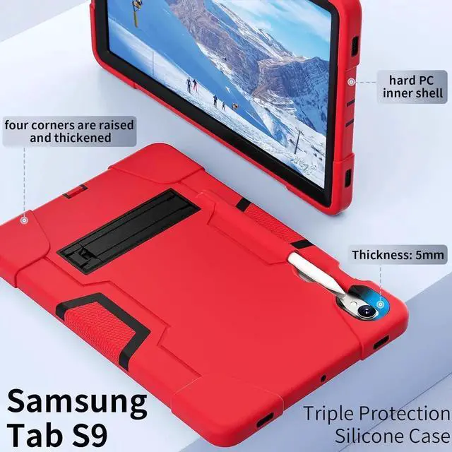 Alt view image 2 of 7 - JAENFONG Shockproof Kickstand Case for Galaxy Tab S9 11''/S9 FE 10.9'', Heavy Duty Hybrid Rugged Three Layer Soft Silicone+Hard PC with S-Pen Holder Cover for Tab S9/S9 FE 2023 (Red)