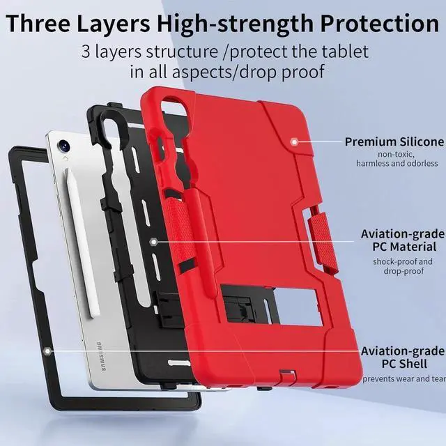 Alt view image 6 of 7 - JAENFONG Shockproof Kickstand Case for Galaxy Tab S9 11''/S9 FE 10.9'', Heavy Duty Hybrid Rugged Three Layer Soft Silicone+Hard PC with S-Pen Holder Cover for Tab S9/S9 FE 2023 (Red)