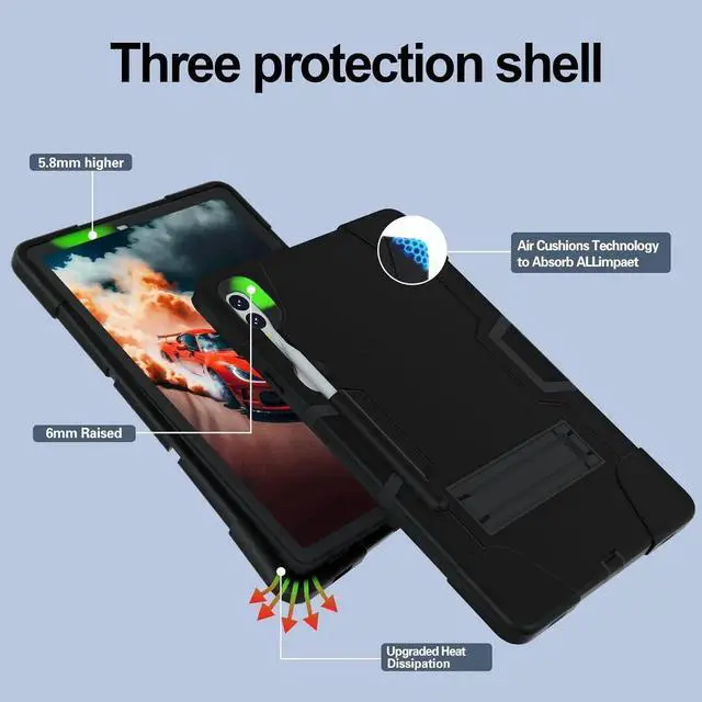 Alt view image 7 of 7 - JAENFONG Shockproof Kickstand Case for Galaxy Tab S9 Plus/S9 FE Plus 12.4'', Heavy Duty Hybrid Rugged Three Layer Soft Silicone +Hard PC with S-Pen Holder Cover for Tab S9+ S9 FE+ 2023 (Black)