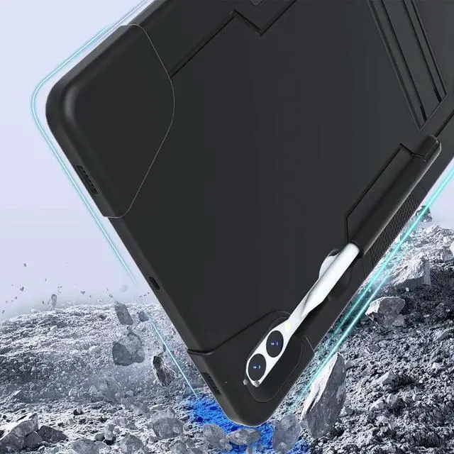 Alt view image 4 of 7 - JAENFONG Shockproof Kickstand Case for Galaxy Tab S9 Plus/S9 FE Plus 12.4'', Heavy Duty Hybrid Rugged Three Layer Soft Silicone +Hard PC with S-Pen Holder Cover for Tab S9+ S9 FE+ 2023 (Black)