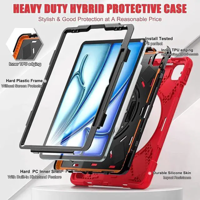 Alt view image 6 of 7 - JAENFONG Case for iPad Air 11 inch (2024) M2 Chip Model A2902/A2903 Heavy Duty Rugged Durability Silicone Tablet Cover with 360° Rotating Hand Strap Foldable Hidden Stand & Shoulder Strap, Red