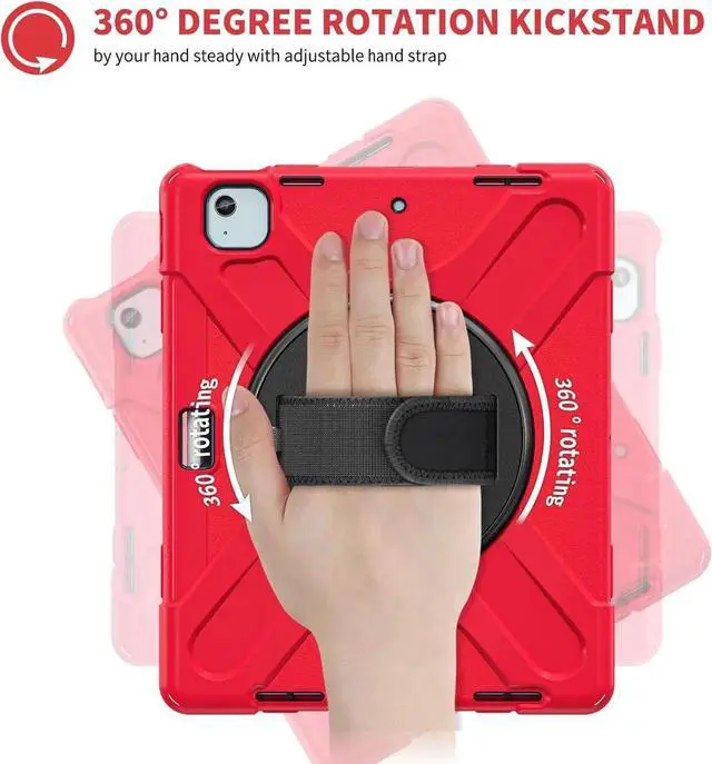 Alt view image 3 of 7 - JAENFONG Case for iPad Air 11 inch (2024) M2 Chip Model A2902/A2903 Heavy Duty Rugged Durability Silicone Tablet Cover with 360° Rotating Hand Strap Foldable Hidden Stand & Shoulder Strap, Red