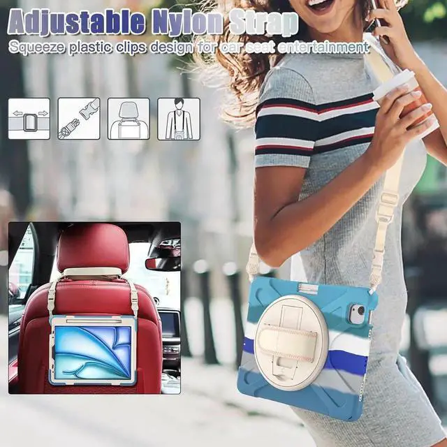 Alt view image 7 of 7 - JAENFONG Case for iPad Air 11-inch (2024) M2 Chip Model A2902 Heavy Duty Rugged Durability Silicone Tablet Cover with 360° Rotating Hand Strap Foldable Hidden Stand & Shoulder Strap, Colorful Pink