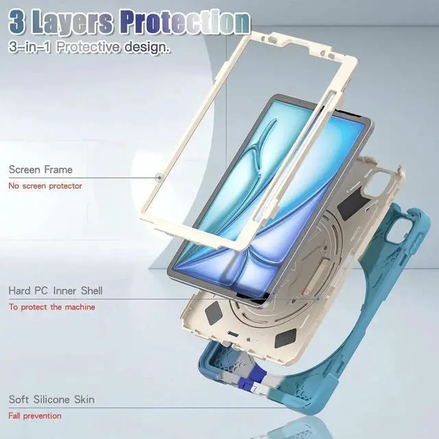 Alt view image 4 of 7 - JAENFONG Case for iPad Air 11-inch (2024) M2 Chip Model A2902 Heavy Duty Rugged Durability Silicone Tablet Cover with 360° Rotating Hand Strap Foldable Hidden Stand & Shoulder Strap, Colorful Pink