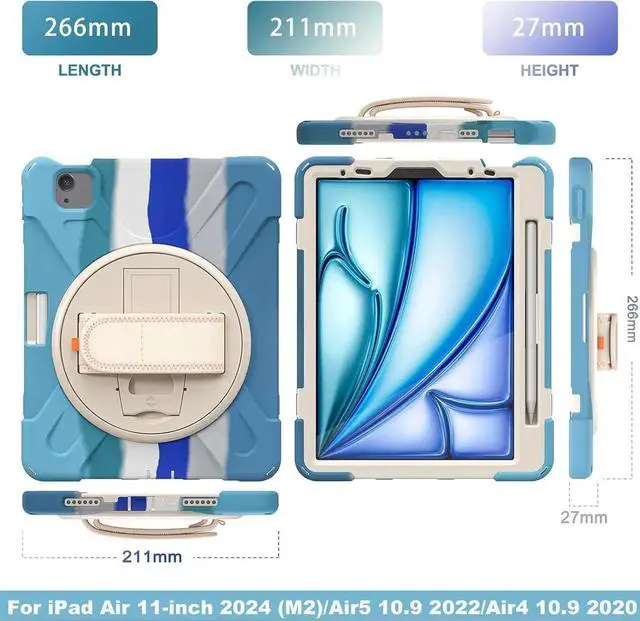 Alt view image 3 of 7 - JAENFONG Case for iPad Air 11-inch (2024) M2 Chip Model A2902 Heavy Duty Rugged Durability Silicone Tablet Cover with 360° Rotating Hand Strap Foldable Hidden Stand & Shoulder Strap, Colorful Pink