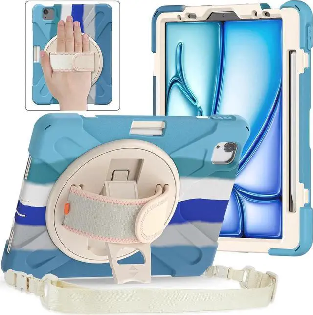 Main image of JAENFONG Case for iPad Air 11-inch (2024) M2 Chip Model A2902 Heavy Duty Rugged Durability Silicone Tablet Cover with 360° Rotating Hand Strap Foldable Hidden Stand & Shoulder Strap, Colorful Pink