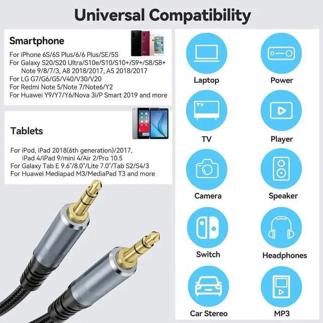 Alt view image 7 of 7 - AUX Cable 15ft Long 3.5mm Audio Aux Cord Male to Male Braided OFC Core Stereo Auxiliary 1/8 Headphone Jack for Car Smartphone TV Switch Laptop (Black)