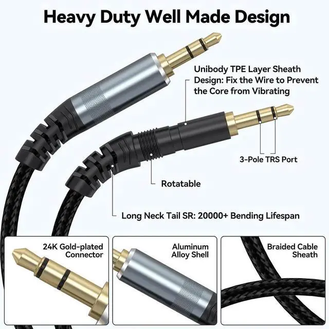 Alt view image 3 of 7 - AUX Cable 15ft Long 3.5mm Audio Aux Cord Male to Male Braided OFC Core Stereo Auxiliary 1/8 Headphone Jack for Car Smartphone TV Switch Laptop (Black)